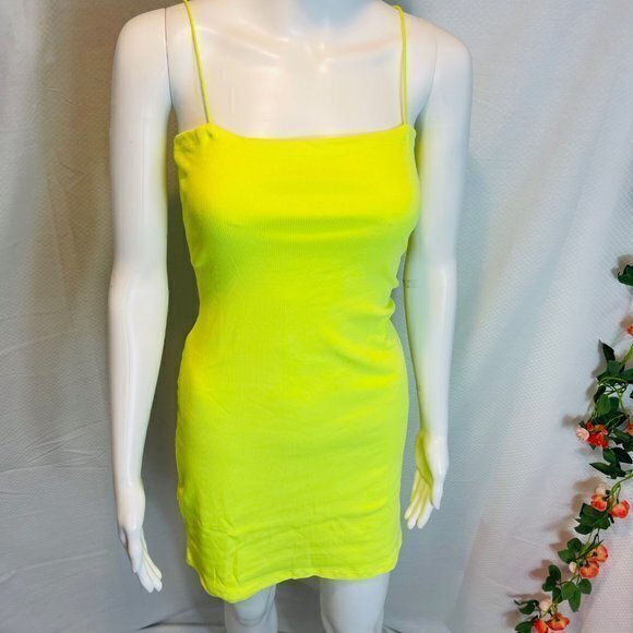 Simple Necessity Cotton Blend Mini‎ Dress - Neon Yellow Size Large RefFNB3 - Picture 10 of 10